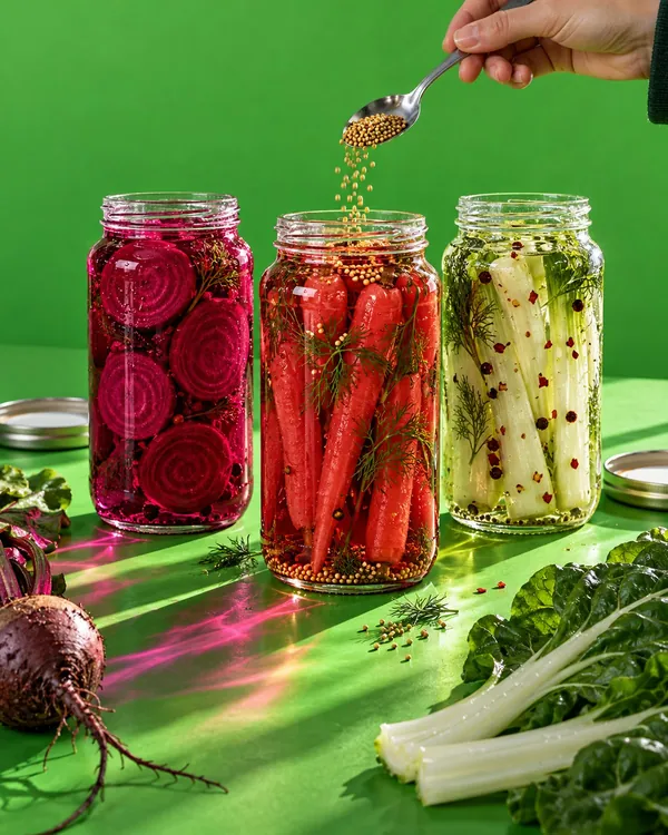 Three unlabelled jars of pink beetroot pickle, red carrots and chard stems on a green surface