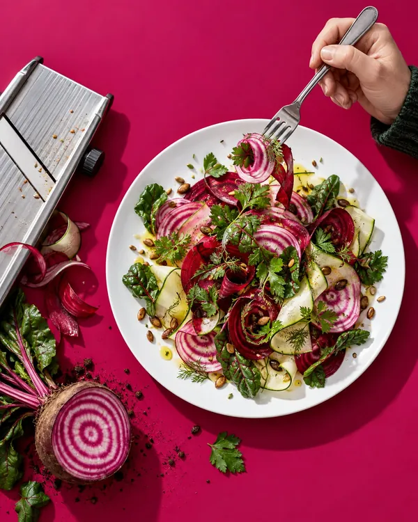 White plate of paper-thin ringed beetroot and red carrot shavings on a magenta surface